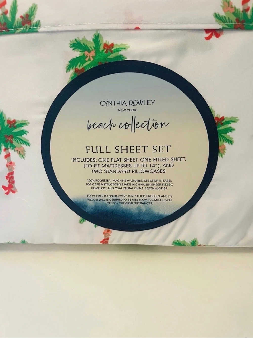 Cynthia Rowley Beach Collection Full Size Sheet Set Bows on Palm Trees